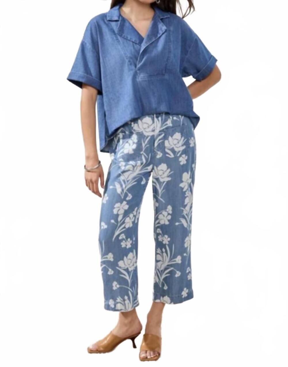 NEW TRIBAL drape denim printed wide leg crop pants in seaside blue